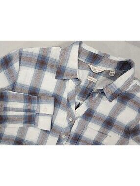 Weatherproof Vintage Womens L Plaid Flannel Shirt Blue Brown Comfort Stretch